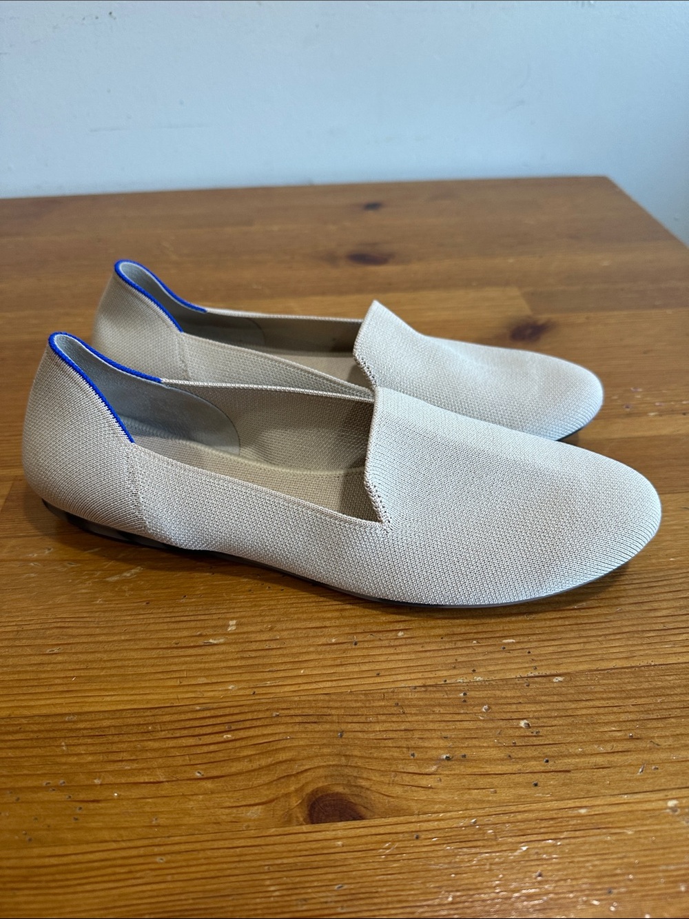 Rothy's Beige Canvas Slip-On with Bright Green Insole and Blue Stitching